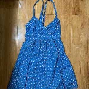 Women's Hollister Blue Polka Dot Summer Dress w/ Pockets and Scrunched Back